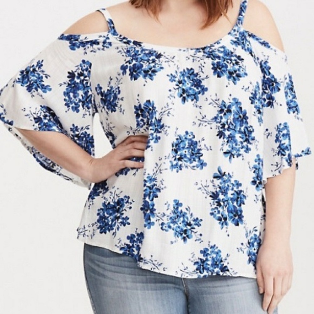Torrid White Cold Shoulder Top With Blue Flowers